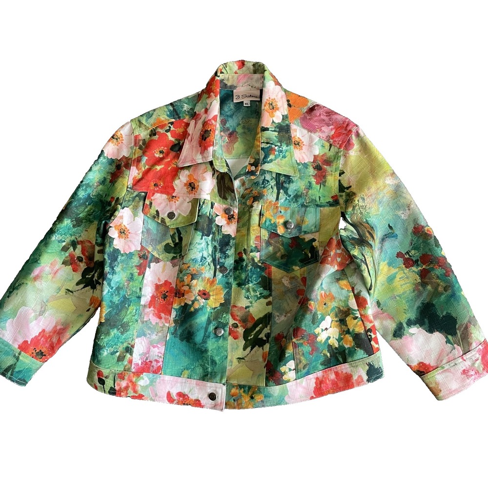 3 Sisters Womens Denim Floral Long Sleeve Buttoned Pocket Jacket, XL